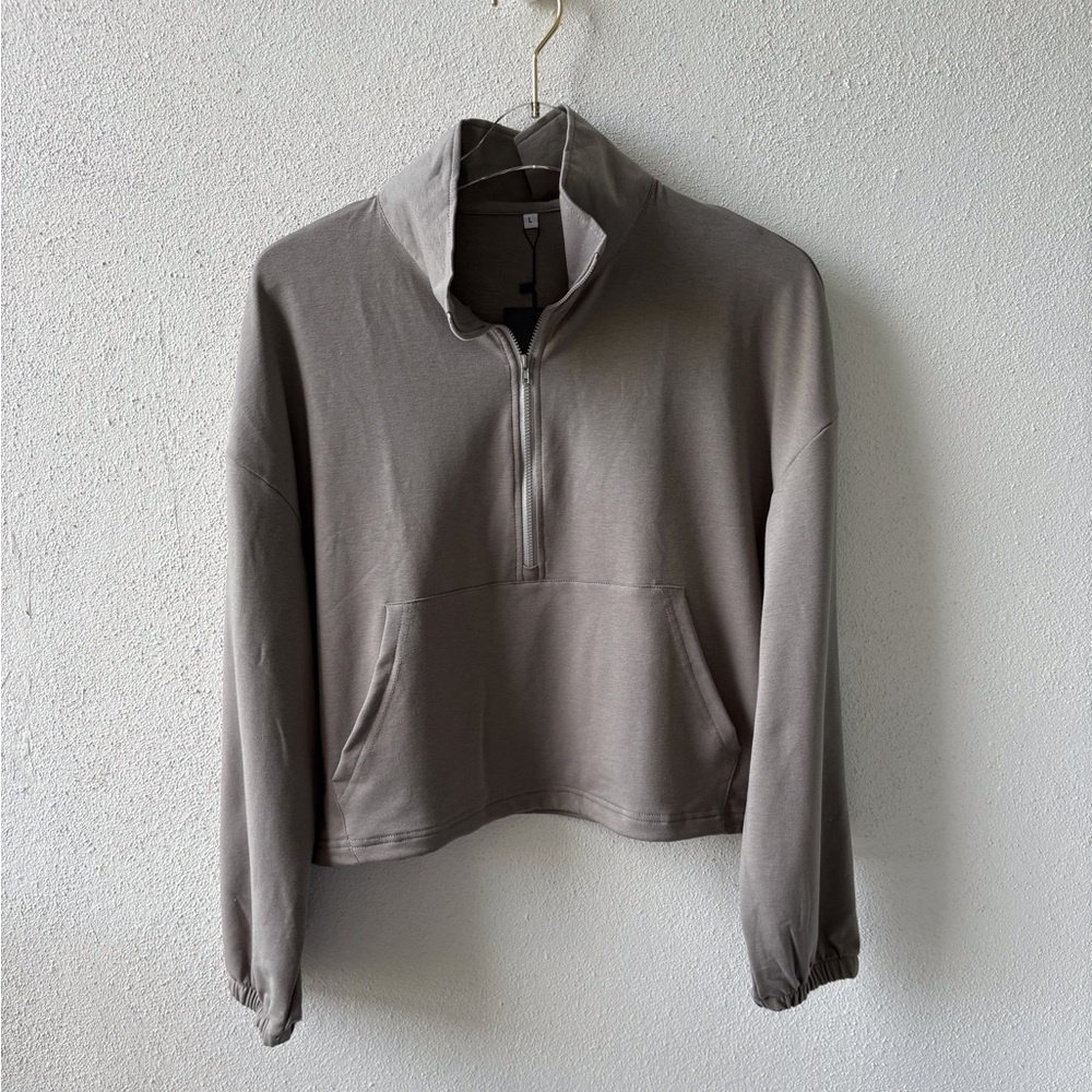 FKEEP Quarter Zip Long Sleeve Boxy Pullover Gray Size L‎ Drawstring Cropped